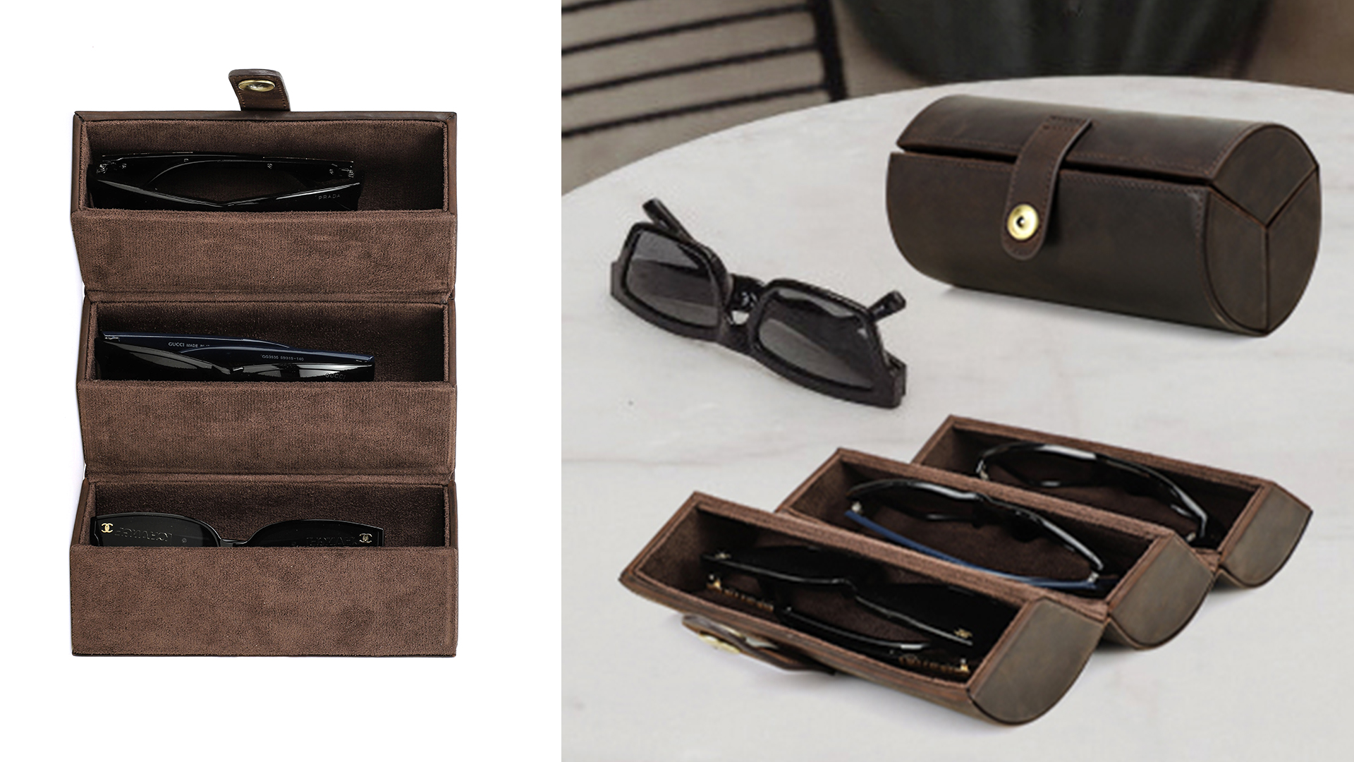 CONTACTS Full Grain Leather Sunglasses Travel Case 3 Slot Foldable